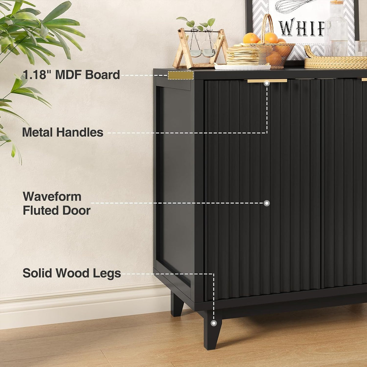 Befrases Buffet Cabinet with Storage 3 Pieces Modern Fluted Sideboard with Ad...