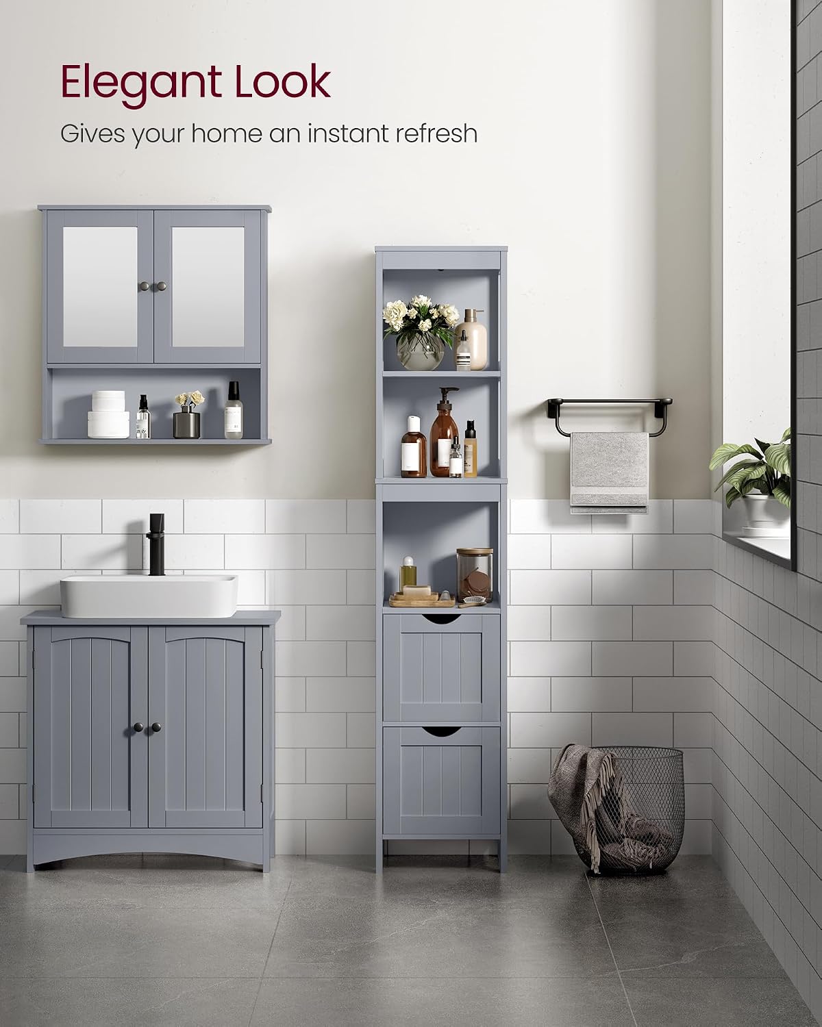 VASAGLE Bathroom Floor Cabinet, 2 Drawers, 55.7”H, Dove Gray