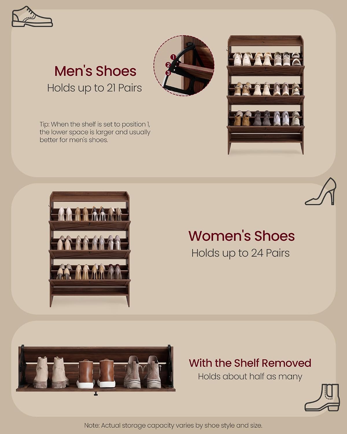 VASAGLE Narrow Shoe Storage Cabinet Organizer with 3 Flip Drawers