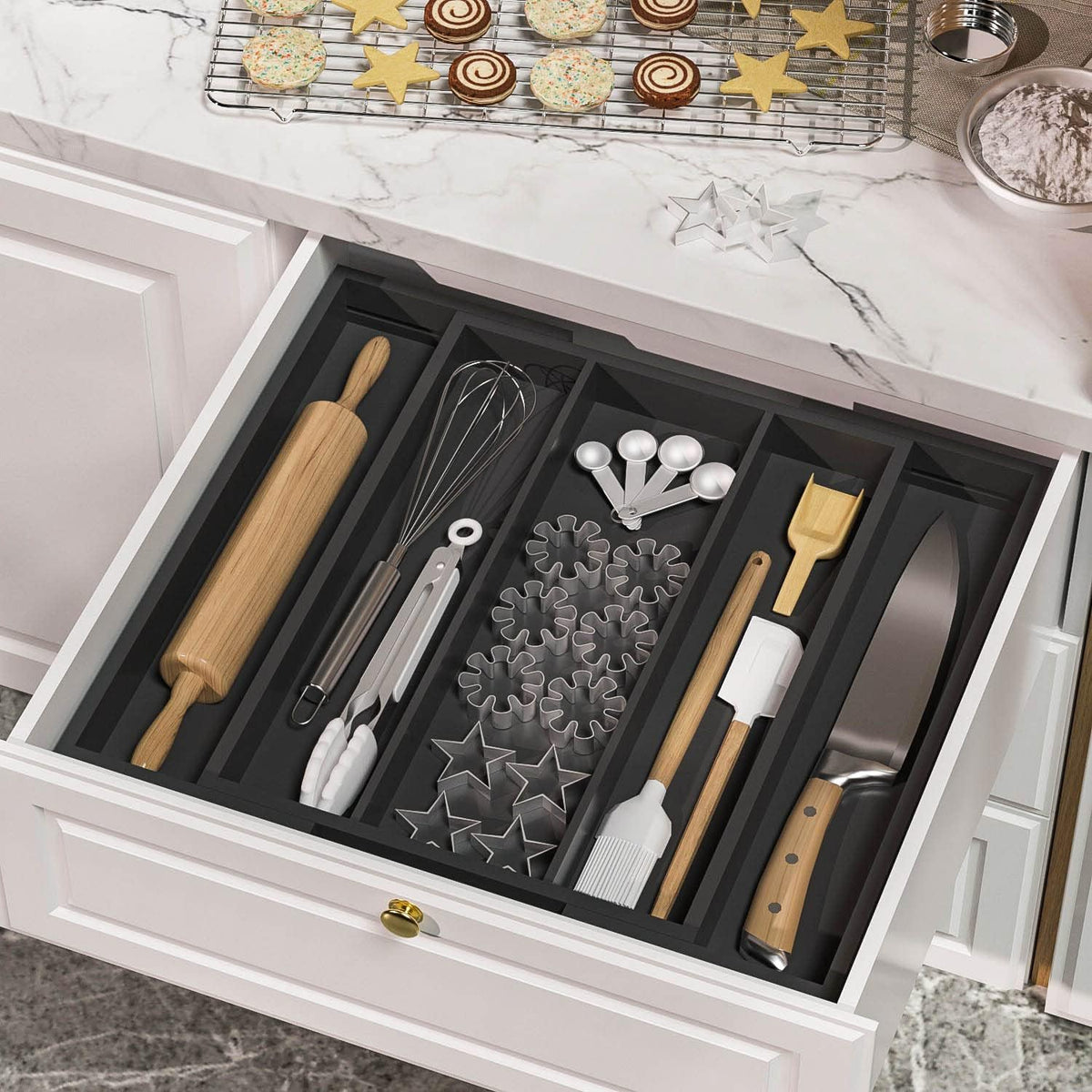 Kitchen Utensil Organizer Silverware Tray - Bamboo Flatware Organizer Expanda...