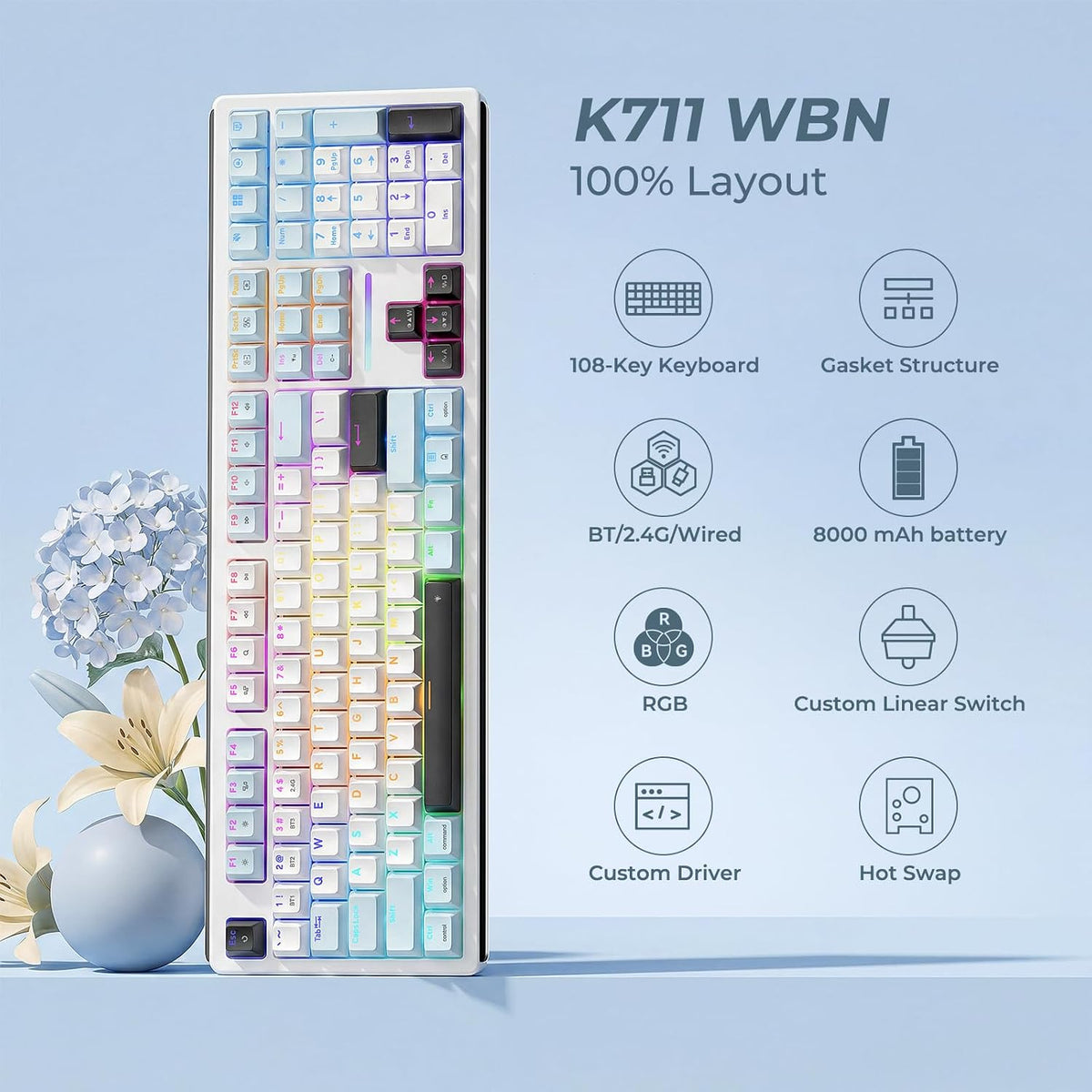 Redragon K771 Wireless Mechanical Keyboard, 108-Key Gaming Keyboard with 4 Ex...