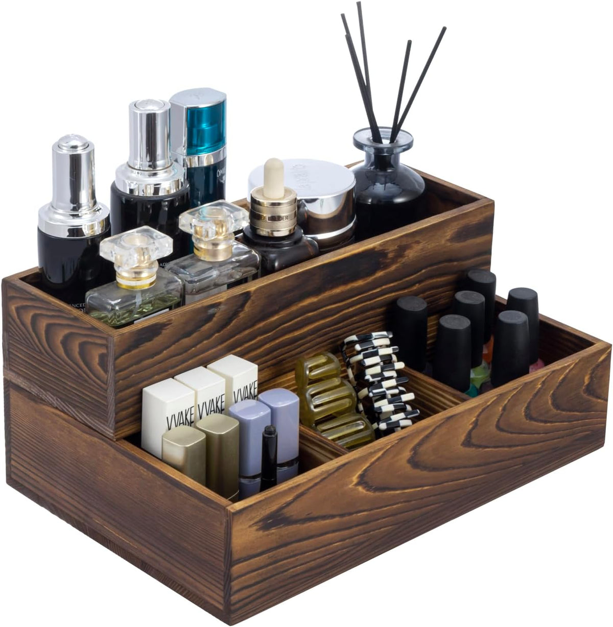MyGift Counter Storage Organizer, 2 Tier Rustic Burnt Solid Wood Stackable Mo...