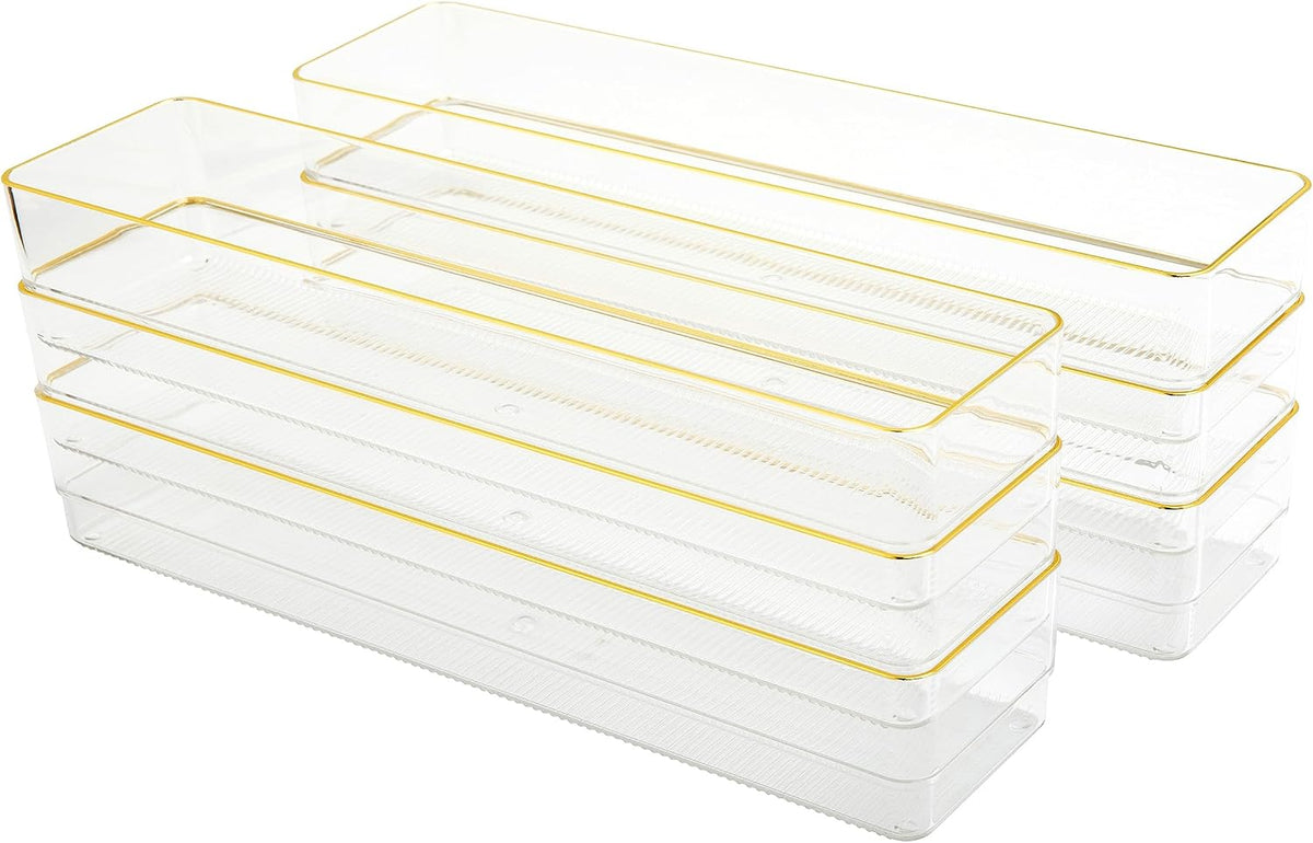 Martha Stewart Kerry Stackable Desk Drawer Organizers, Clear/Gold, 6-Pack