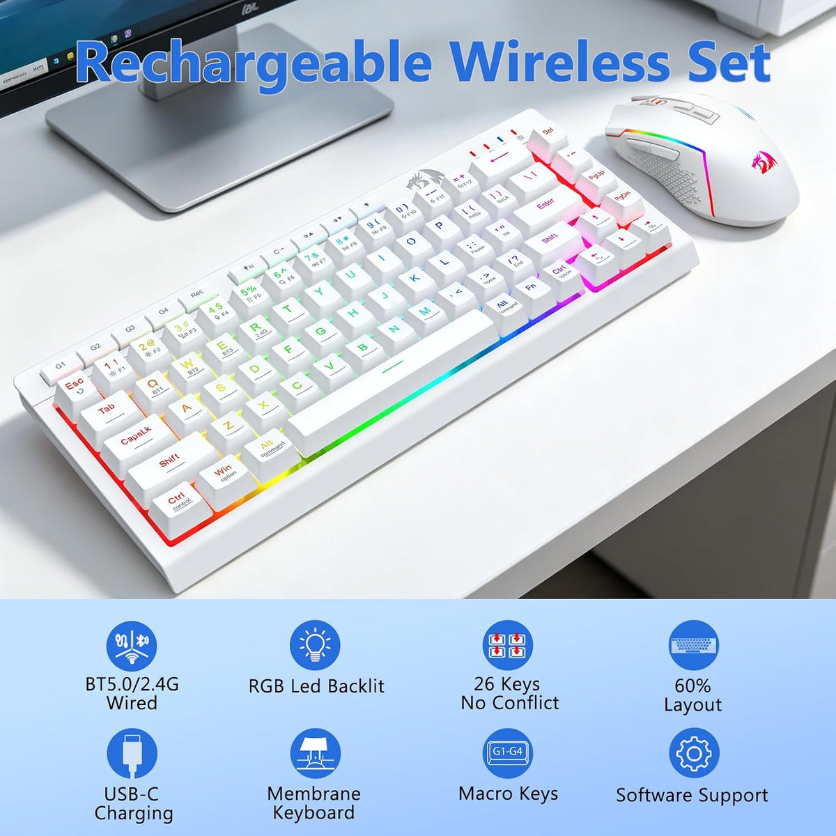 Redragon Wireless Gaming Keyboard and Mouse Combo 60% Portable, White