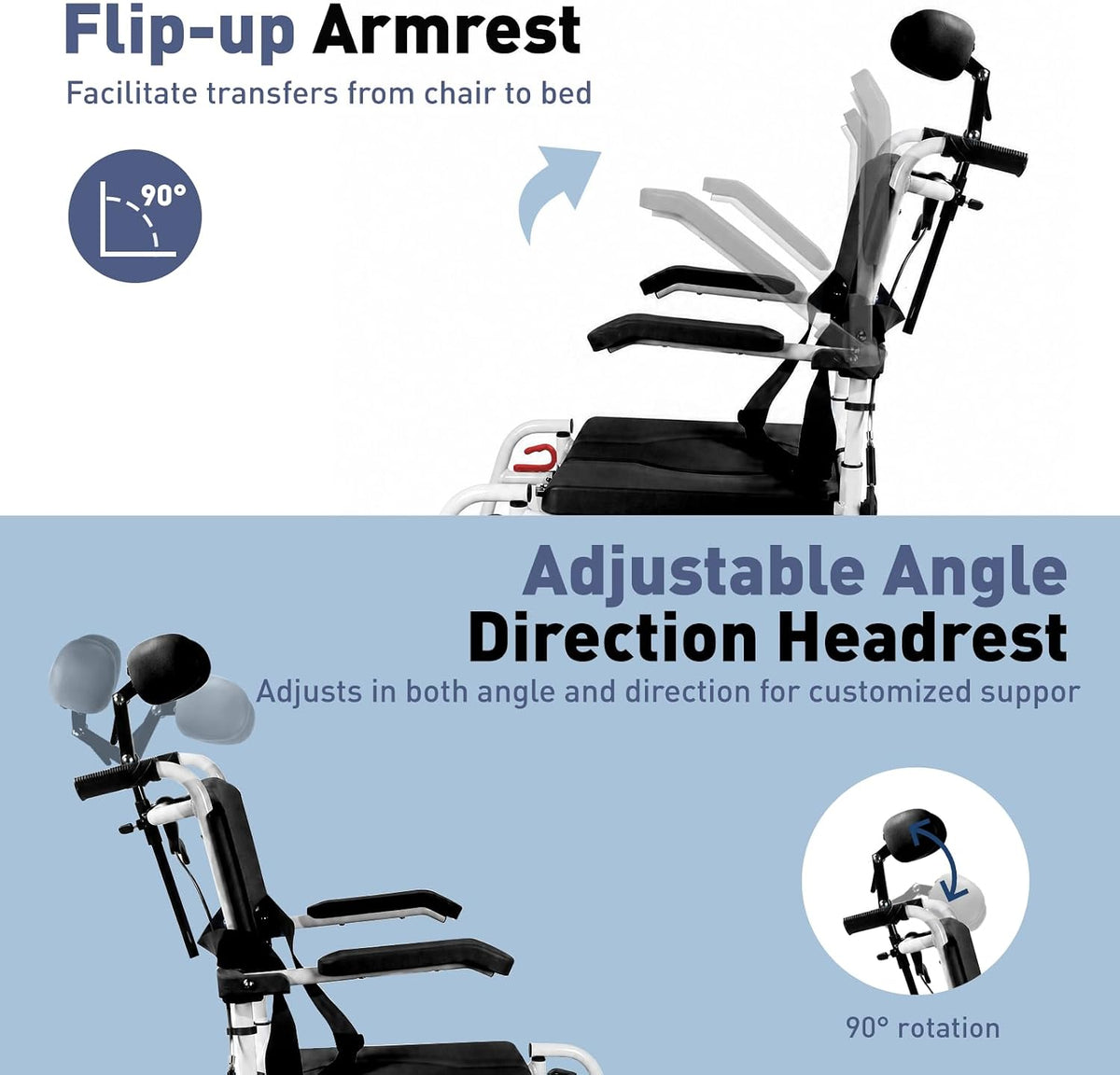 Reclining Rolling Shower Chair with Wheels, Shower Wheelchair for Elderly and...