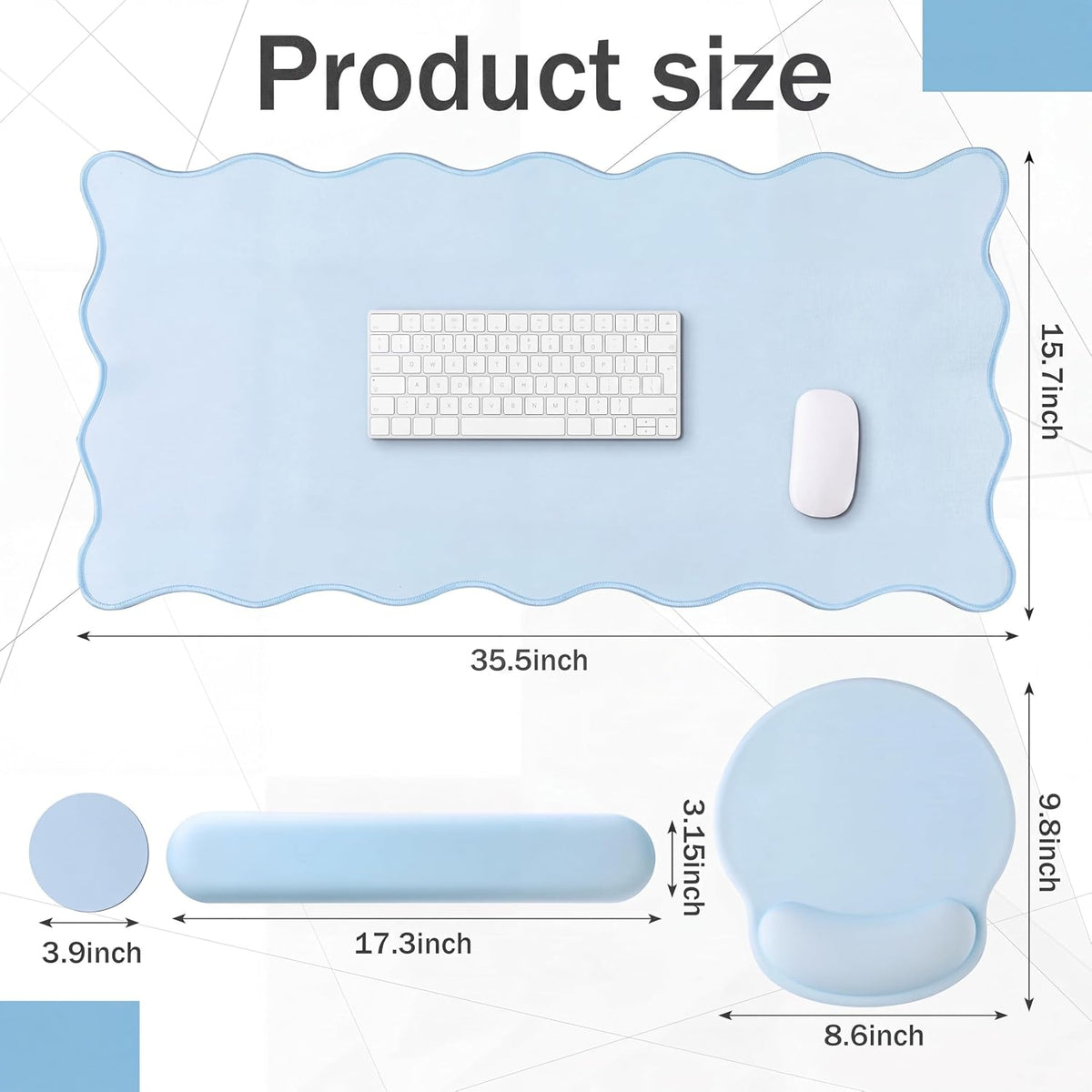 Sabary Scalloped Desk Mat Keyboard Mouse Pad Set Blue 35.5 x 15.7 Inch