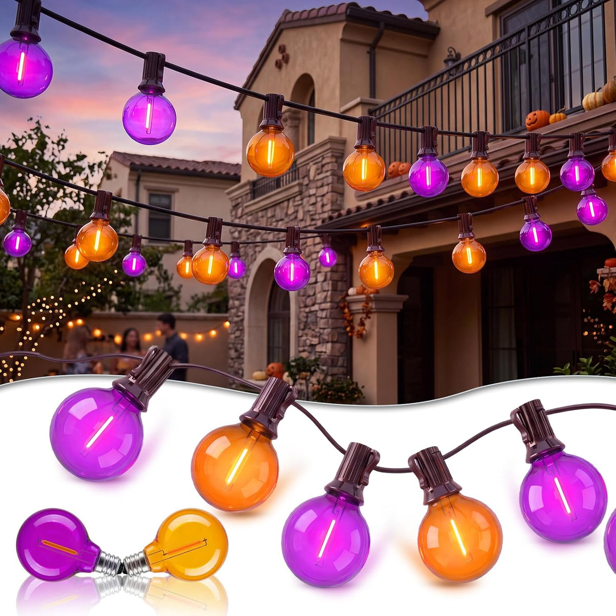 50FT Halloween String Lights Outdoor, G40 Orange and Purple LED Globe Patio L...