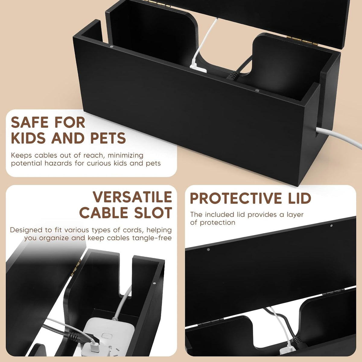 Large Cable Management Box - Wood Cable Organizer Box and Power Strip Box for...