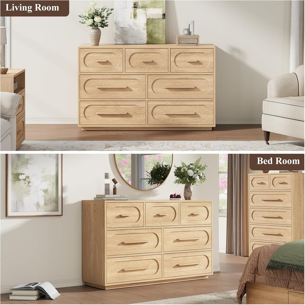 7 Drawer Dresser for Bedroom, Natural Oak