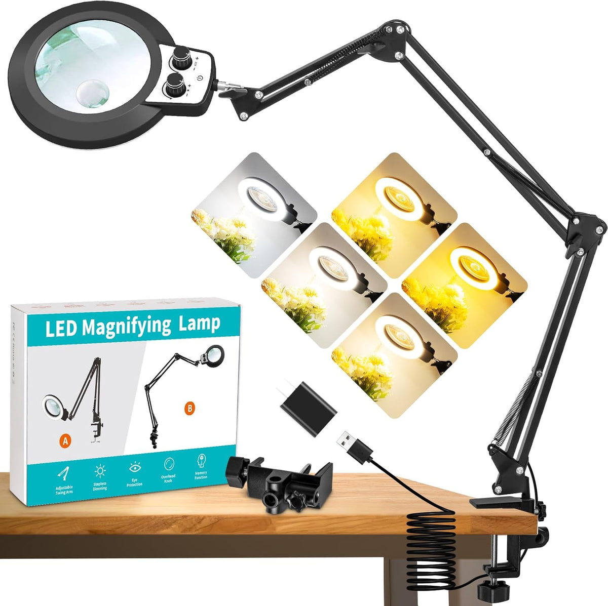 Magnifying Glass with Light, Overhead Knob Magnifier Lamp 15X 30X