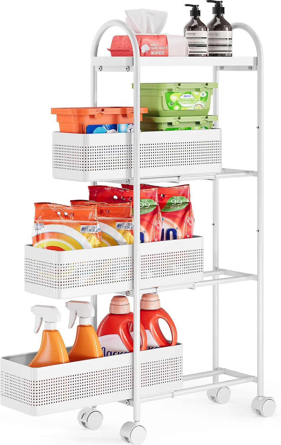 KINGRACK 4 Tier Slim Rolling Cart with Drawer, Metal Utility Storage Cart