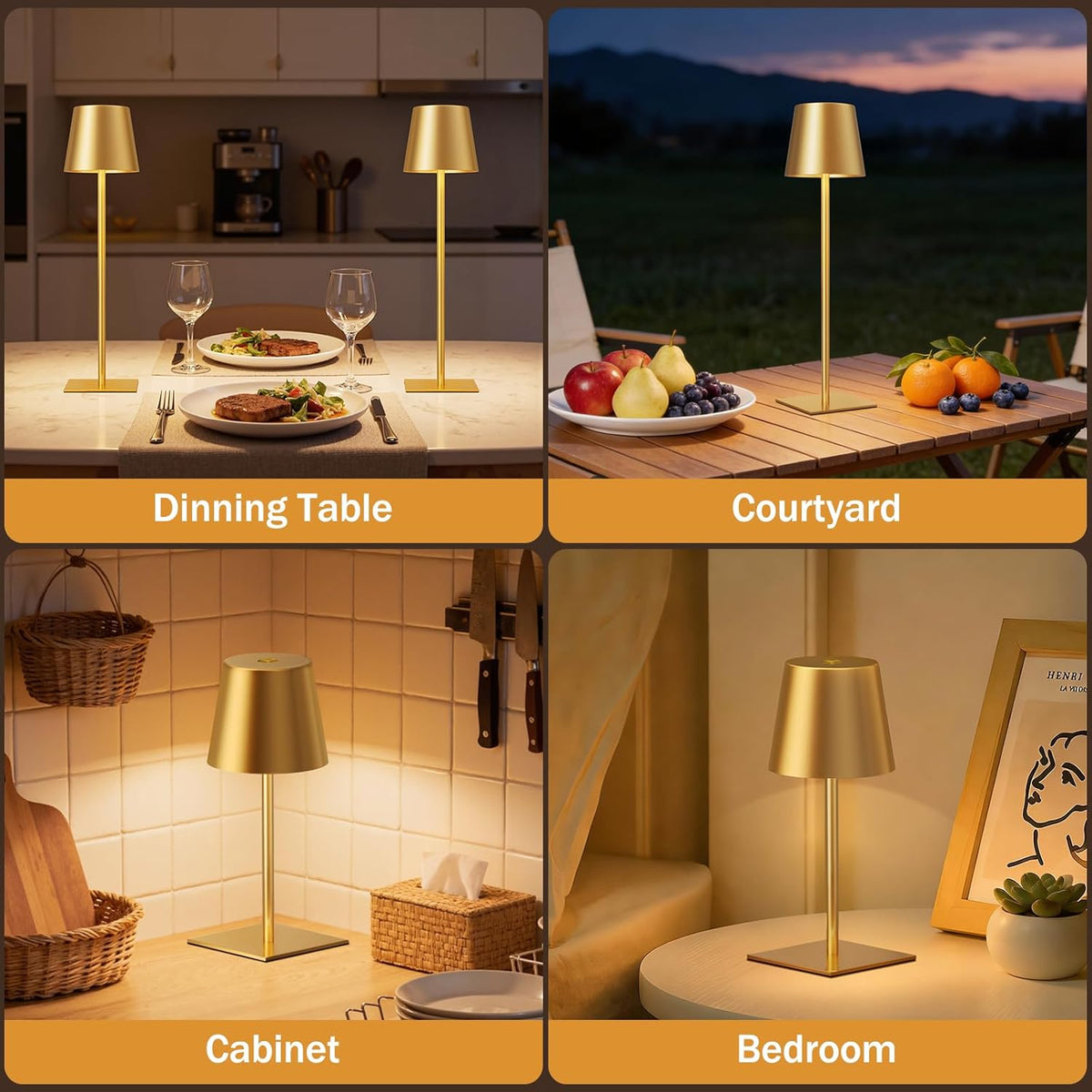 Kakanuo Gold Cordless Rechargeable Table Lamp, 4 Pack Portable Desk Lamp with...