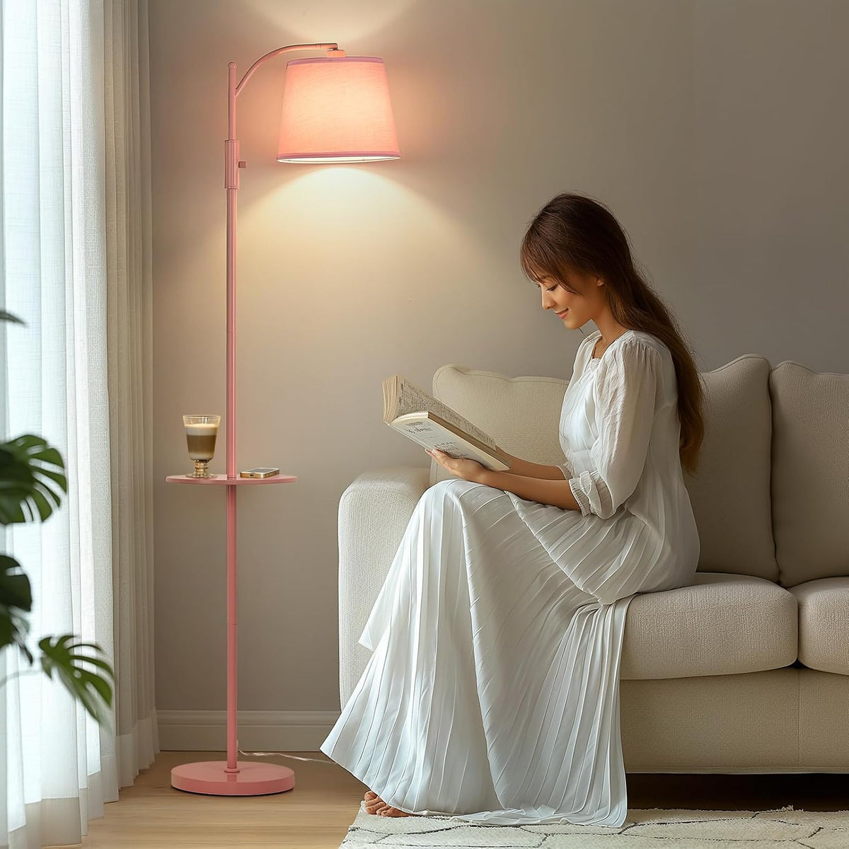 AIDENOEY Pink Floor Lamp with Table, Dimmable Standing Lamp, Living Room