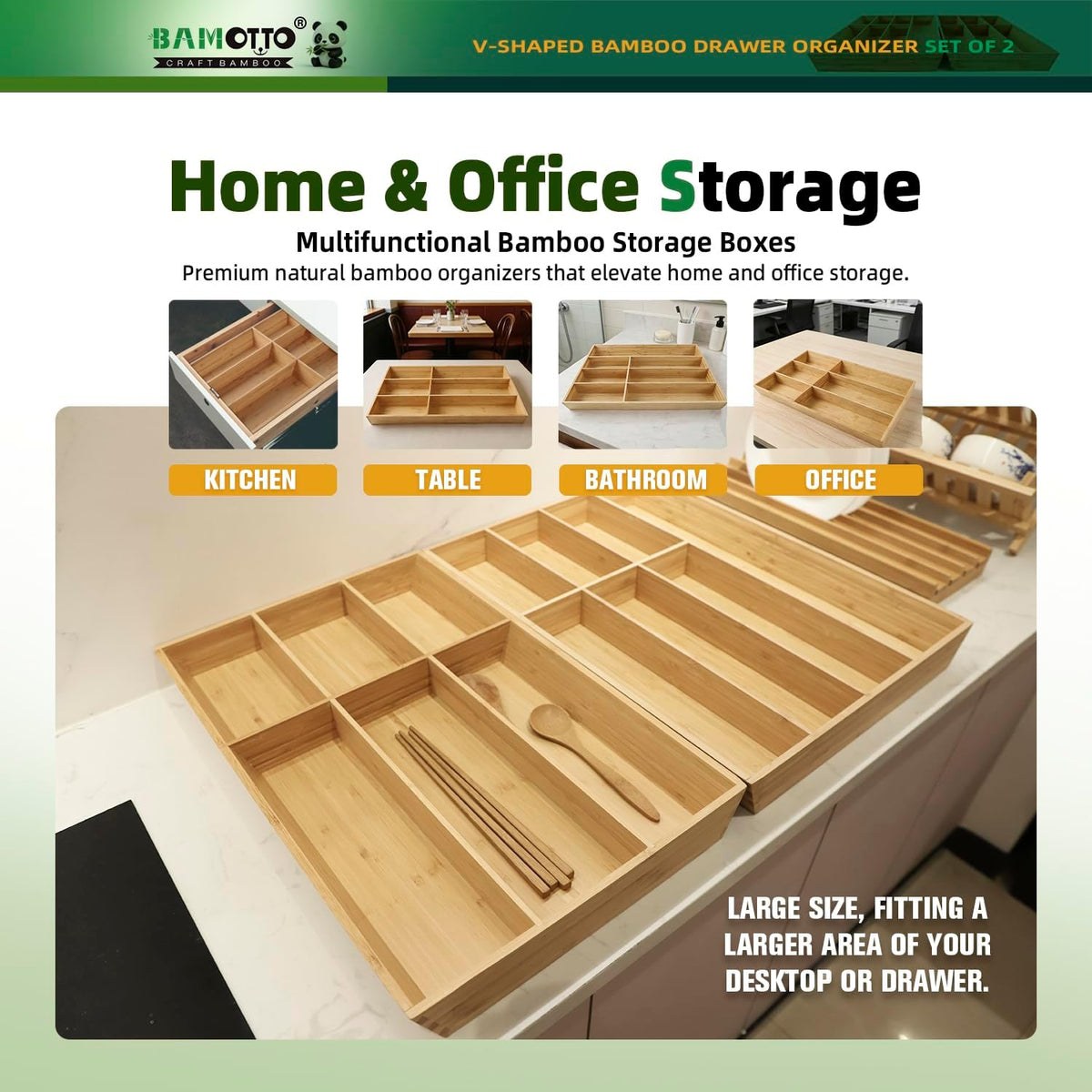 BAMOTTO CRAFTBAMBOO 13 Slot V-Shaped Bamboo Drawer Organizer Set of 2