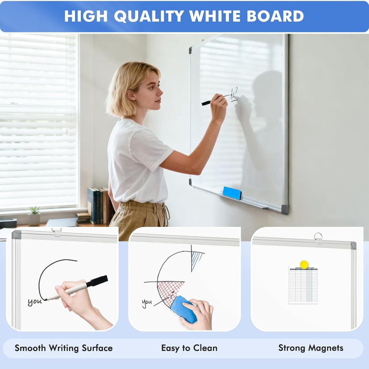 Double-Sided White Board Dry Erase Magnetic Whiteboard Wall 72x40 Large