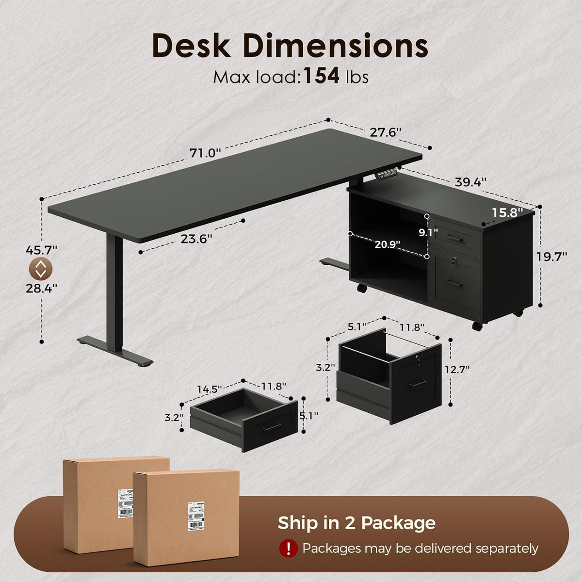 OffiGo 71 Inch L Shaped Electric Standing Desk with Cabinet Sets, Black