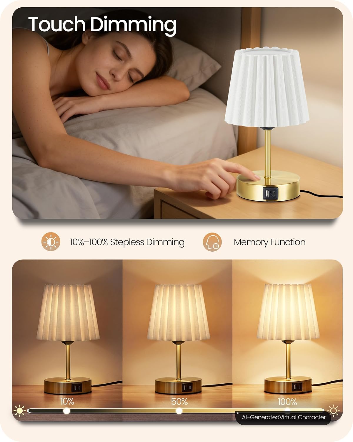 Small Bedside Table Lamps Set of 2, Touch Dimmable Table Lamps with USB Ports...