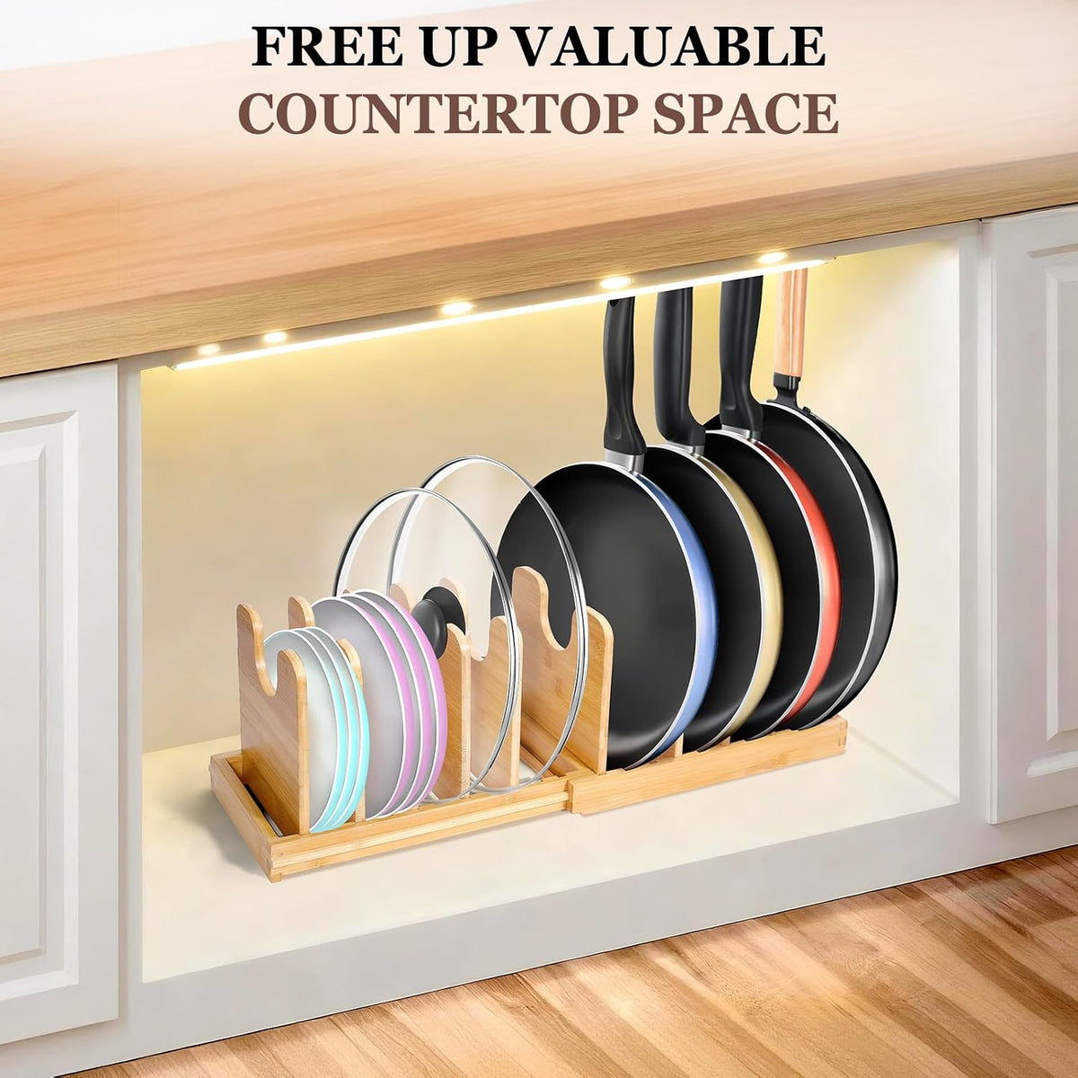 Bamboo Expandable Pot Lid Organizer, Pots and Pans Holder Rack for Cabinet
