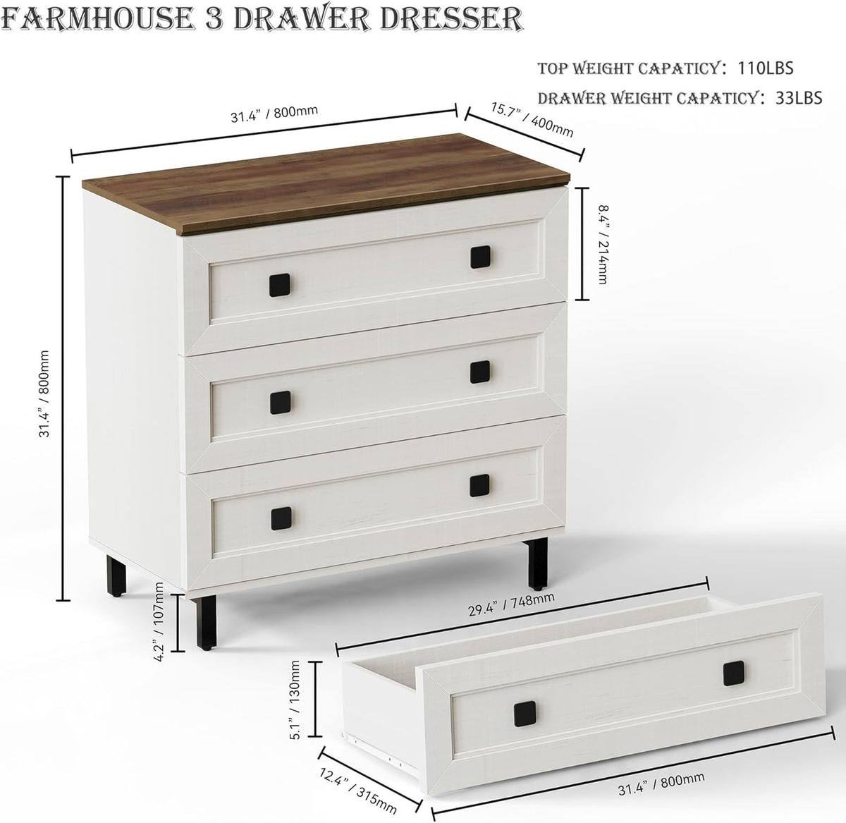 FENSULN Modern White Dresser for Bedroom with 3 Drawers,Chest of Drawers with...