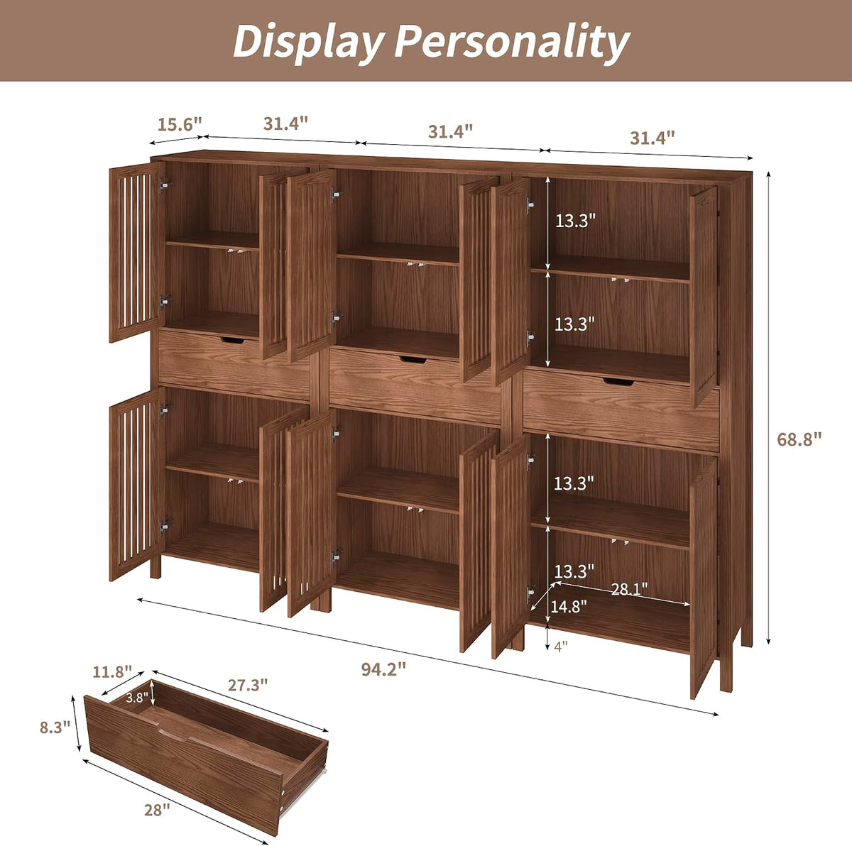 BVIUNTWO Set of 3 Rustic Brown 69" Tall Farmhouse Storage Cabinet with D...