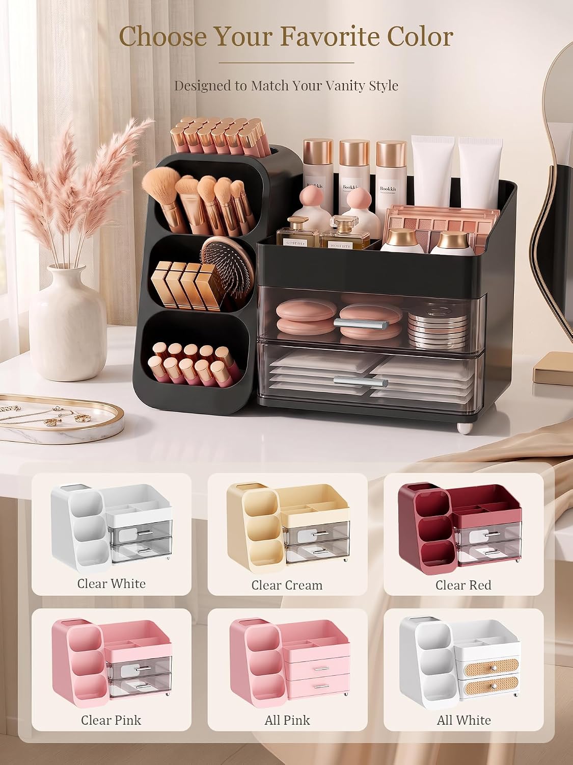 Booklov Large Makeup Organizer for Vanity Countertop, Black