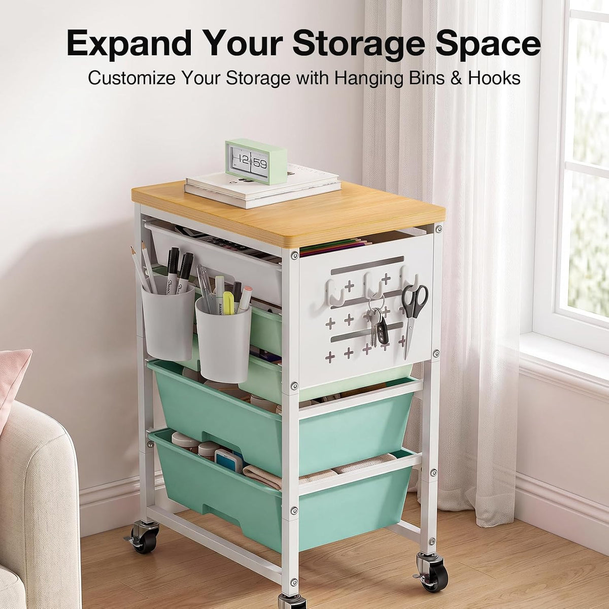 ALVOROG Rolling Storage Cart with 5 Drawers,Pegboards,Wooden Top,Bins,Green