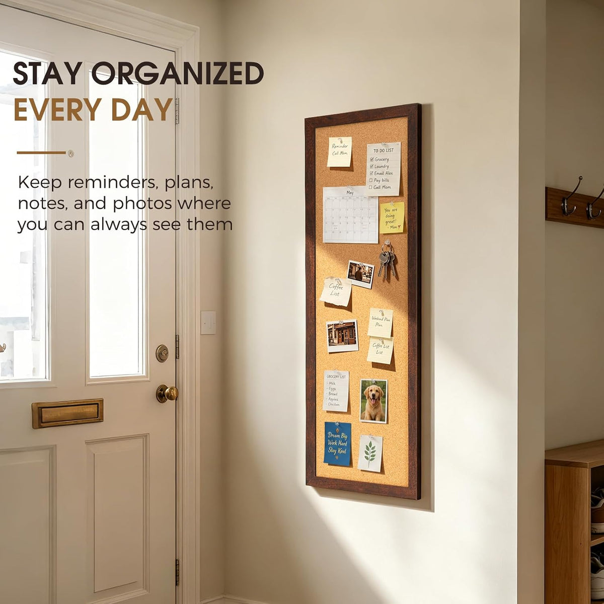 Long Cork Board for Wall, 36" x 12" Bulletin Board, Brown