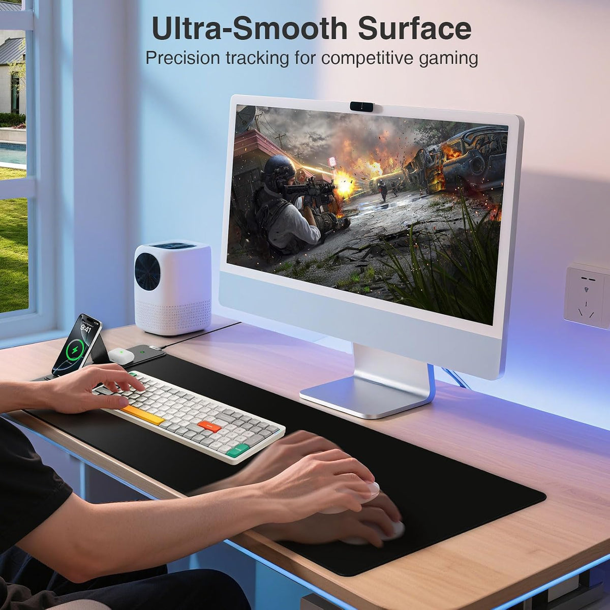 Wireless Charging Mouse Pad with Foldable Phone Holder, 31.5"x15.8"...