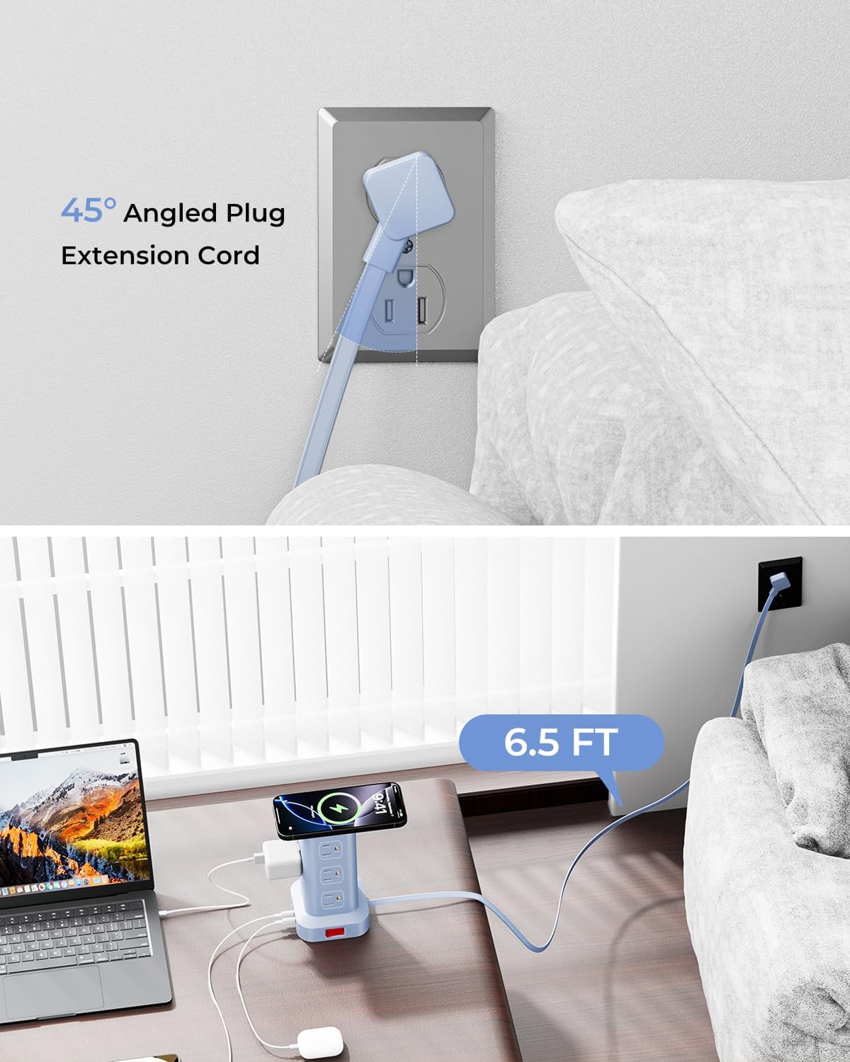Blue Power Strip with 12 Outlets 4 USB (1 USB C), 6.5Feet Extension Cord with...