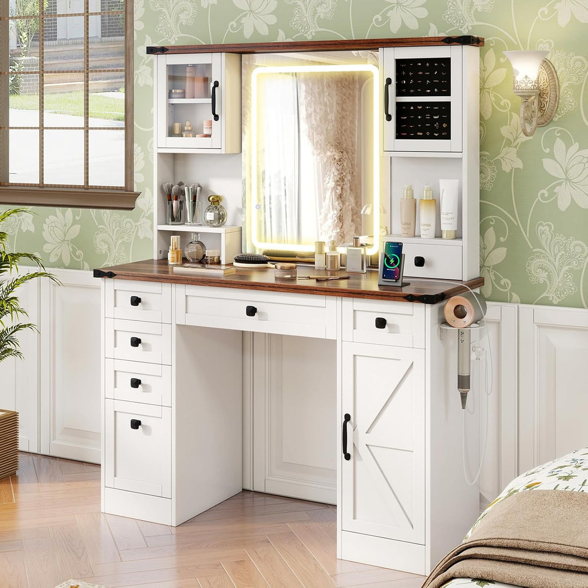 CHARMAID Farmhouse Vanity Desk with Lighted Mirror & 7 Drawers, 45 inch M...