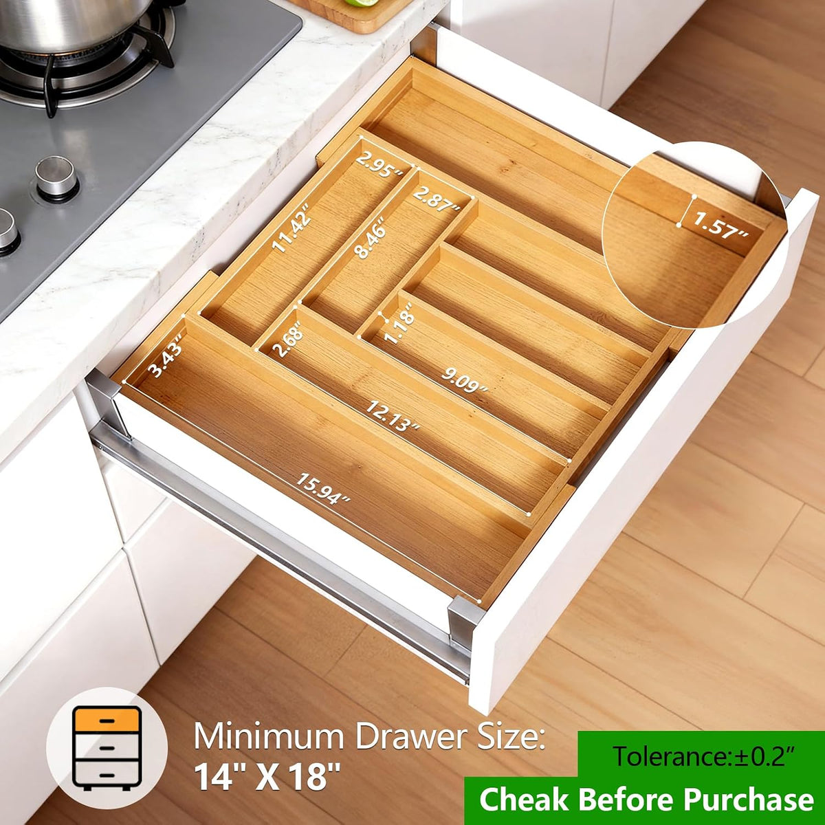 Pipishell Expandable Bamboo Silverware Organizer, Large Kitchen Drawer Tray