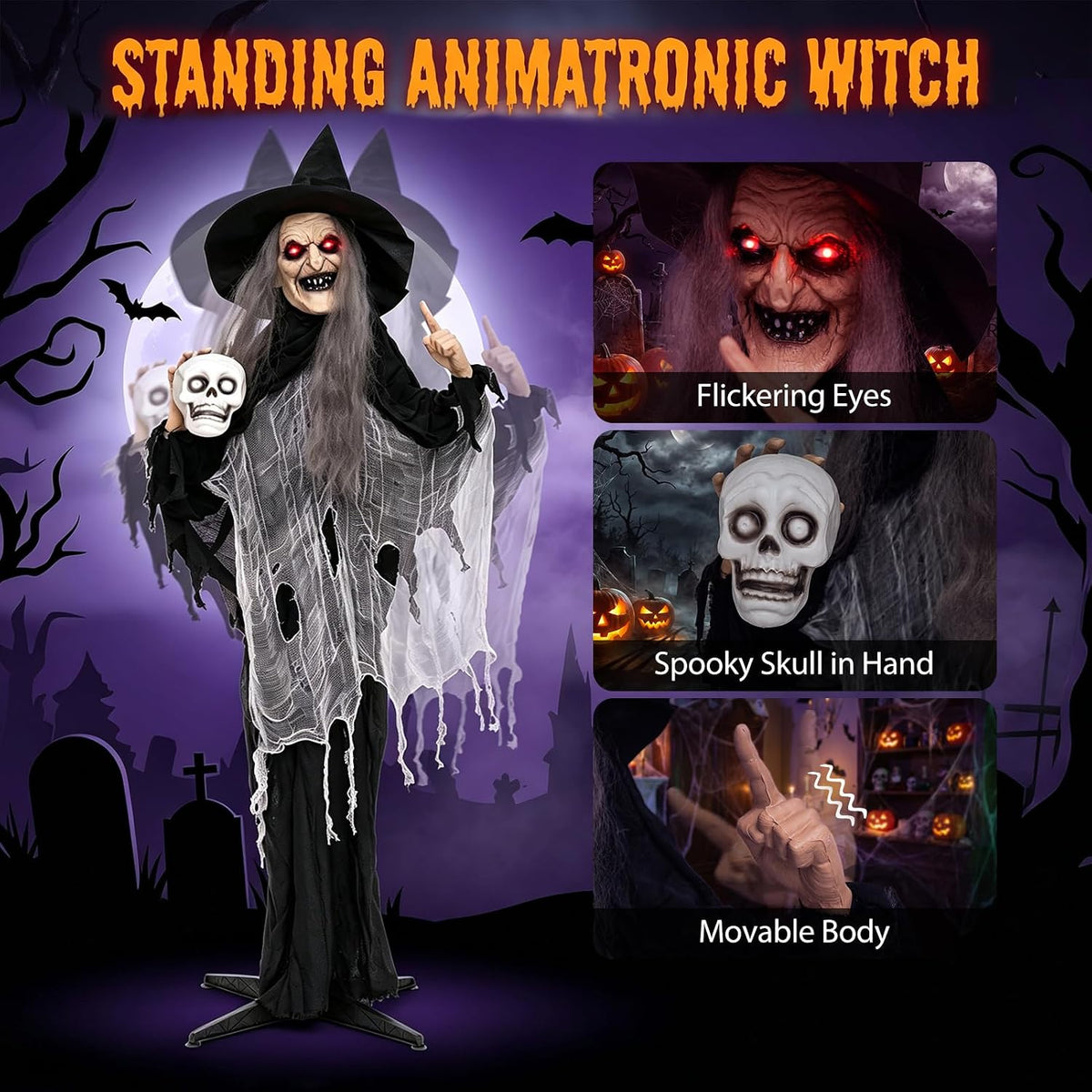 Tangkula 6.3 FT Animated Halloween Standing Talking Witch with Skull