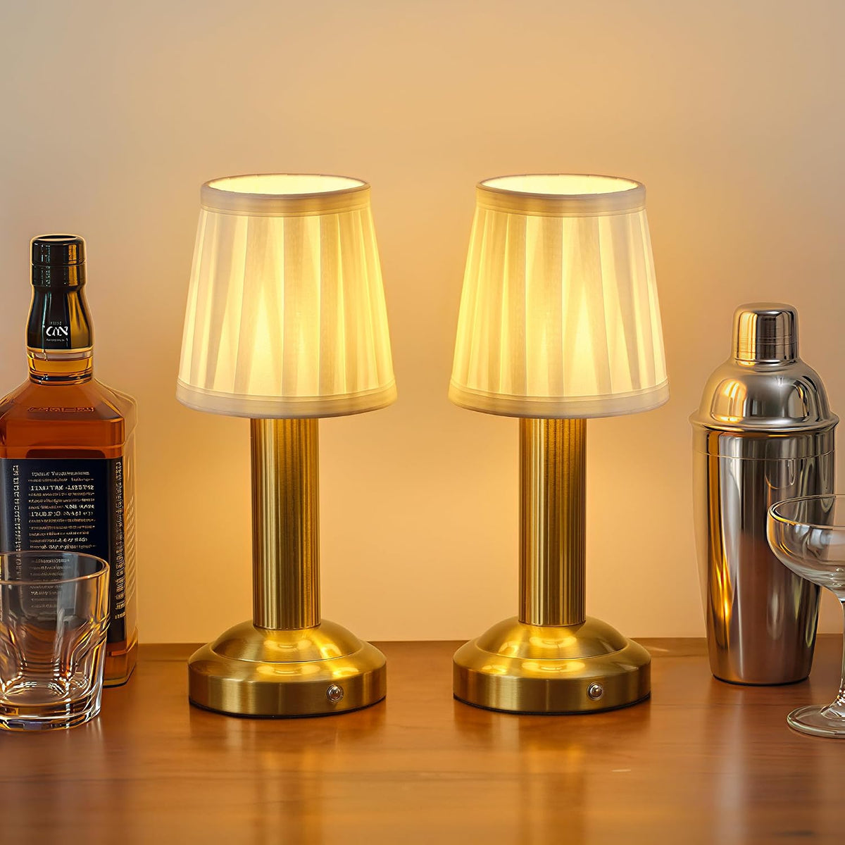Small Cordless Table Lamp 2 Pack, Gold Fabric Shade LED Touch Lamps