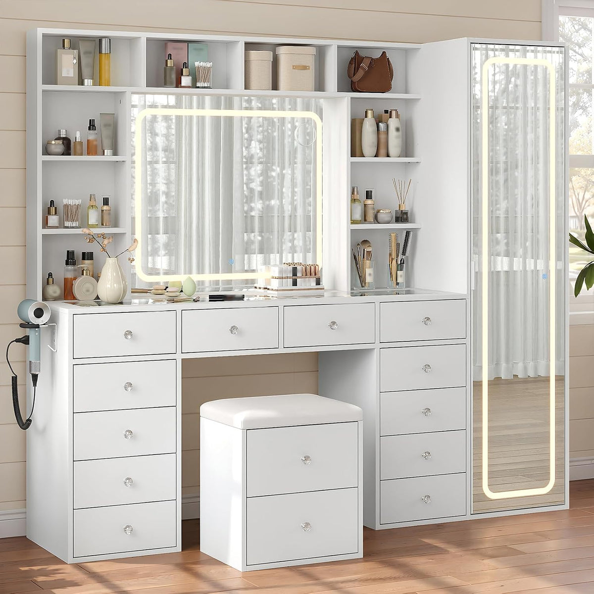 71'' Vanity Desk with LED Lights & Body Mirror, Hidden Cabinet, W...