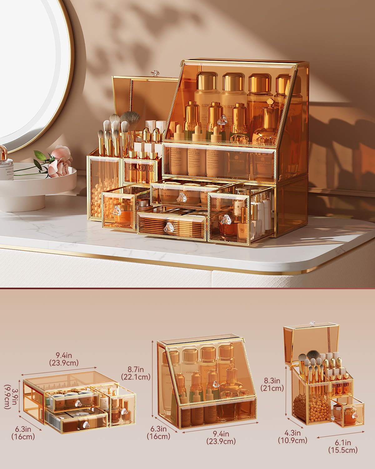 CoralHouse Glass Makeup Organizer with Brush Holder for Vanity