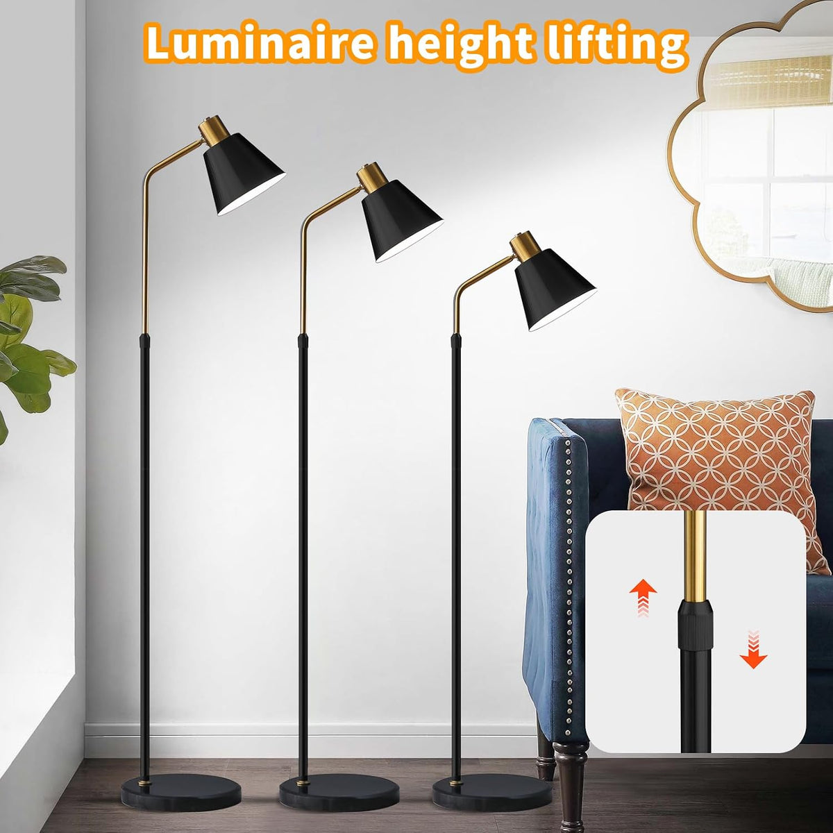 Bright Dimmable Black Gold Reading Floor Lamp, Adjustable Angle and Height