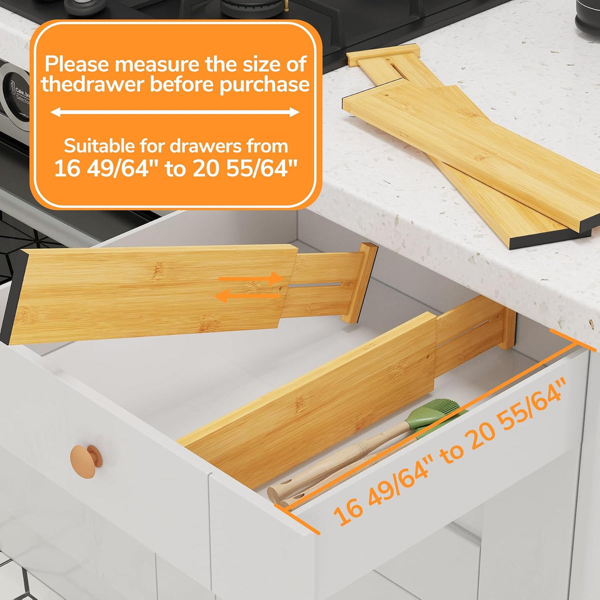BAMEOS Bamboo Expandable Drawer Dividers – Fits 16.65"–22" Drawers,...