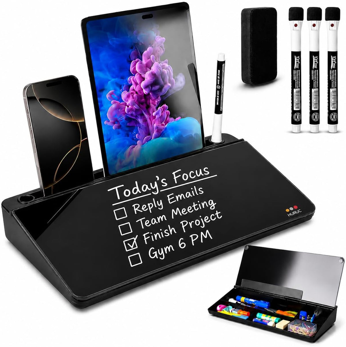 HURUC Desk Buddy Glass Desktop Whiteboard – Desk Board Buddy Hidden Storage