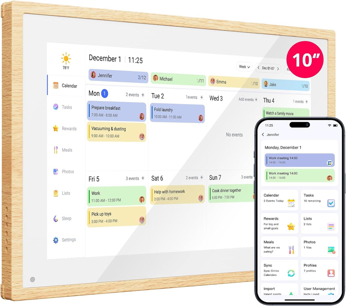 Digital Calendar 10.1 Inch Natural Wood