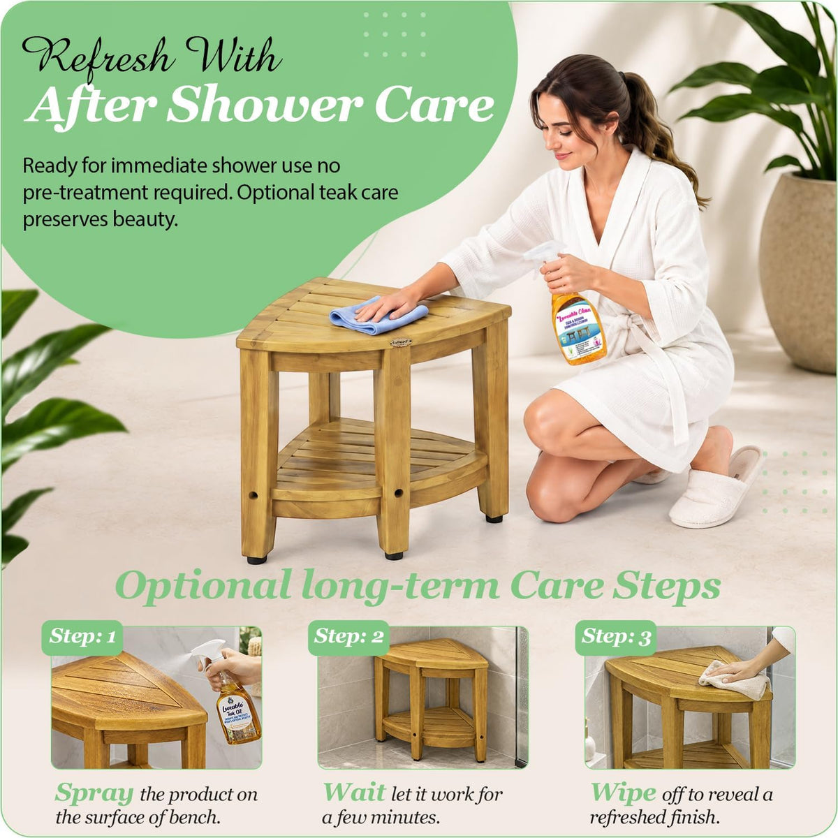 EcoDecors 18’’ Corner Teak Shower Bench, Shower Stool & Foot Rest