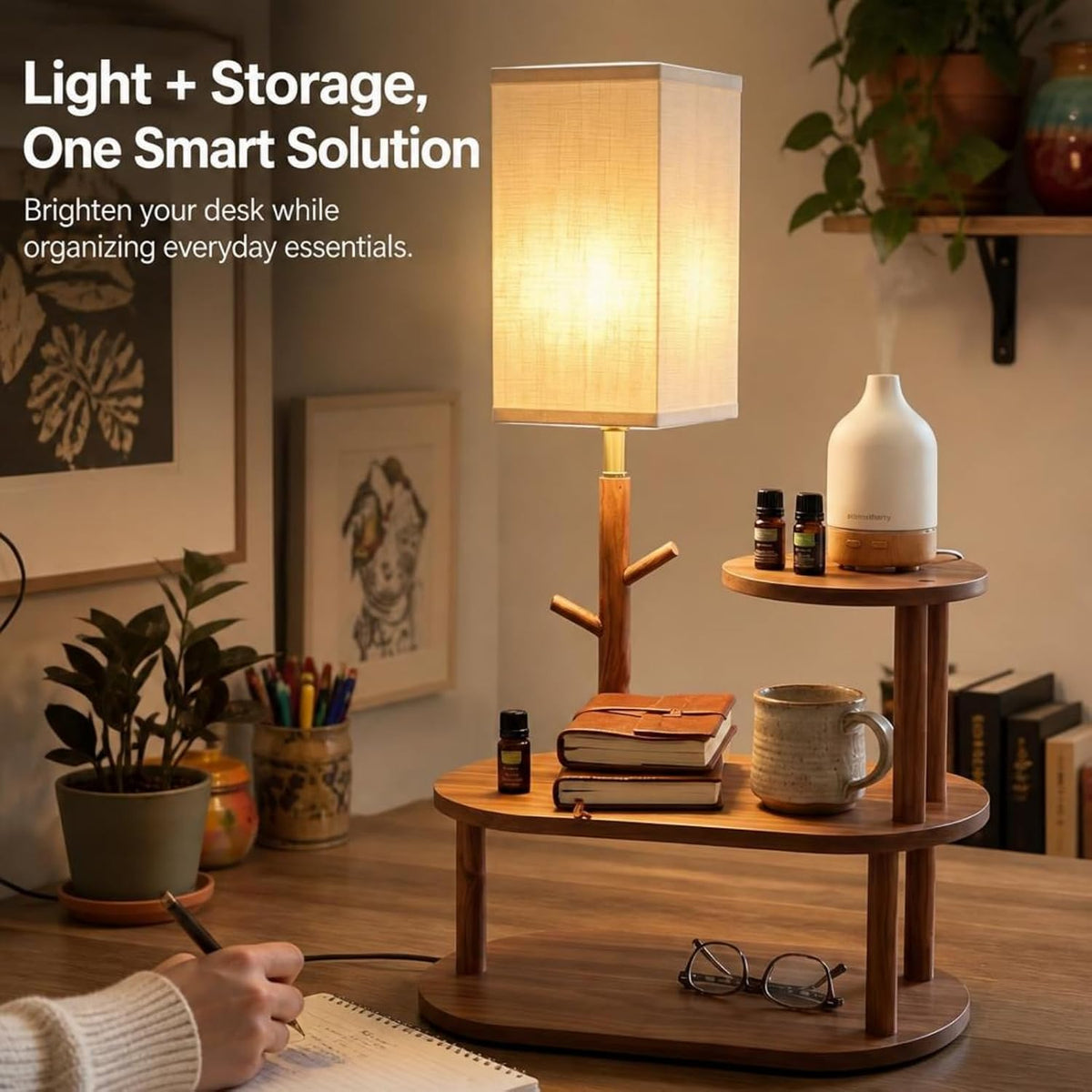 22" Desk Table Lamp with LED Bulb for Bedroom, Unique Wooden Tree Trunk