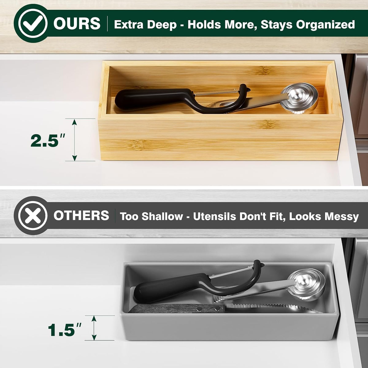 Bamboo Kitchen Drawer Organizer, Set of 2, Nested, 15" x 5" x 2.5&q...