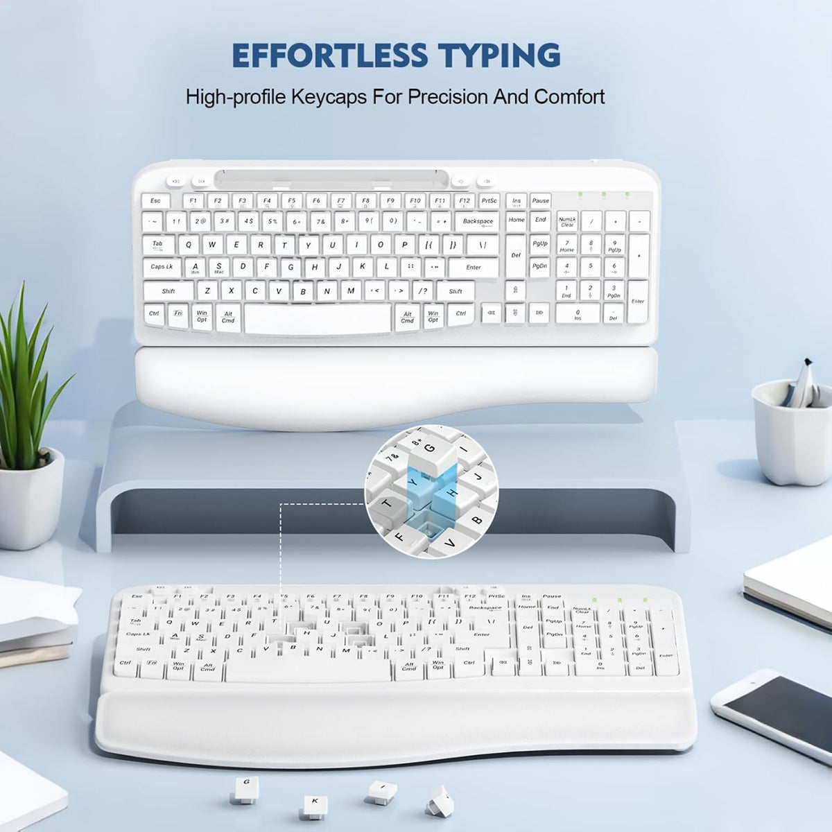 EAYBLLY 2.4G Wireless Ergonomic Keyboard, Full Size Wave Keys with Memory Foa...