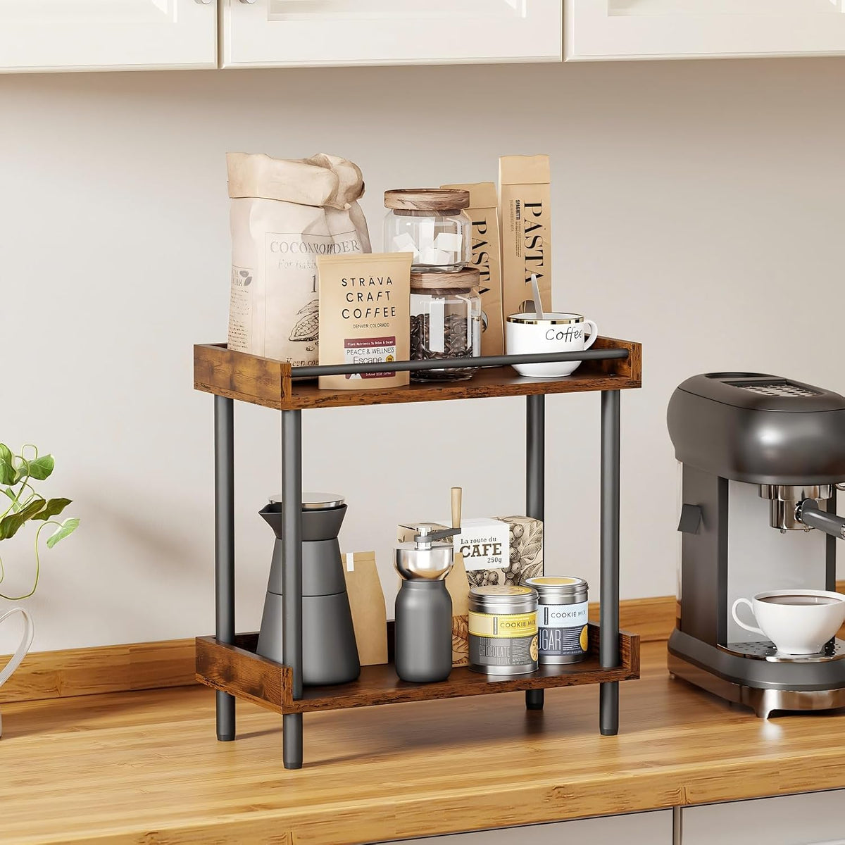 Coffee Bar Organizer and Kitchen Countertop Shelf - 2 Tier Spice Rack, Mug Ho...