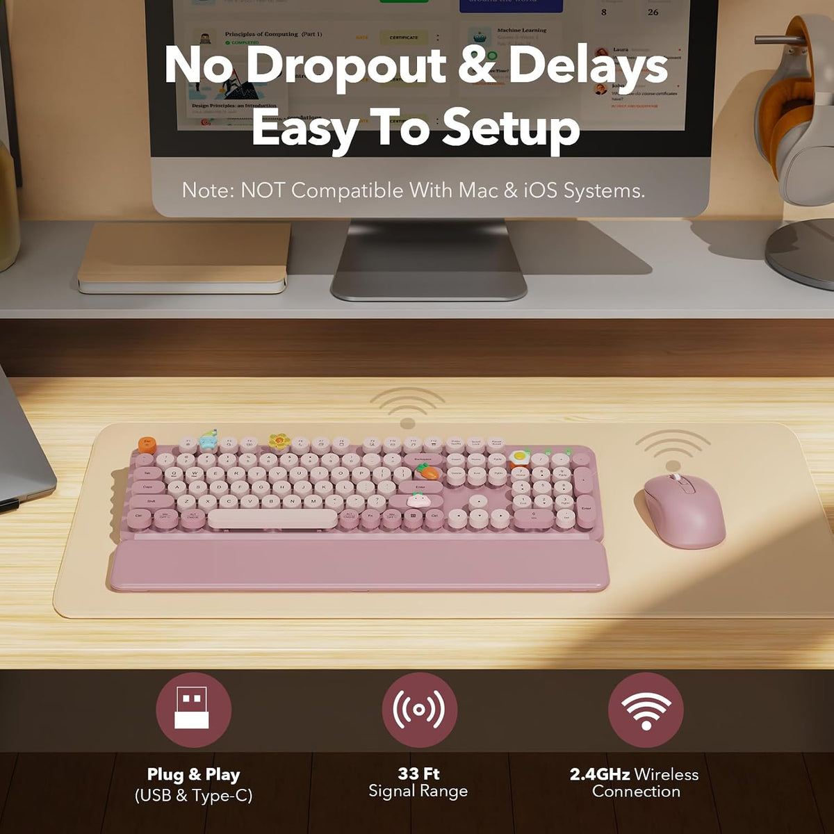 Wireless Keyboard and Mouse, Round Keycaps, Magnetic Wrist Rest, Dusty Rose
