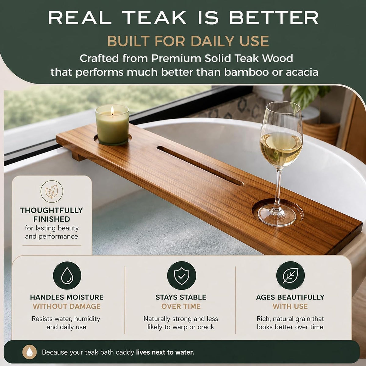 Fjord 29" Premium Teak Bathtub Tray for Small & Standard Tubs