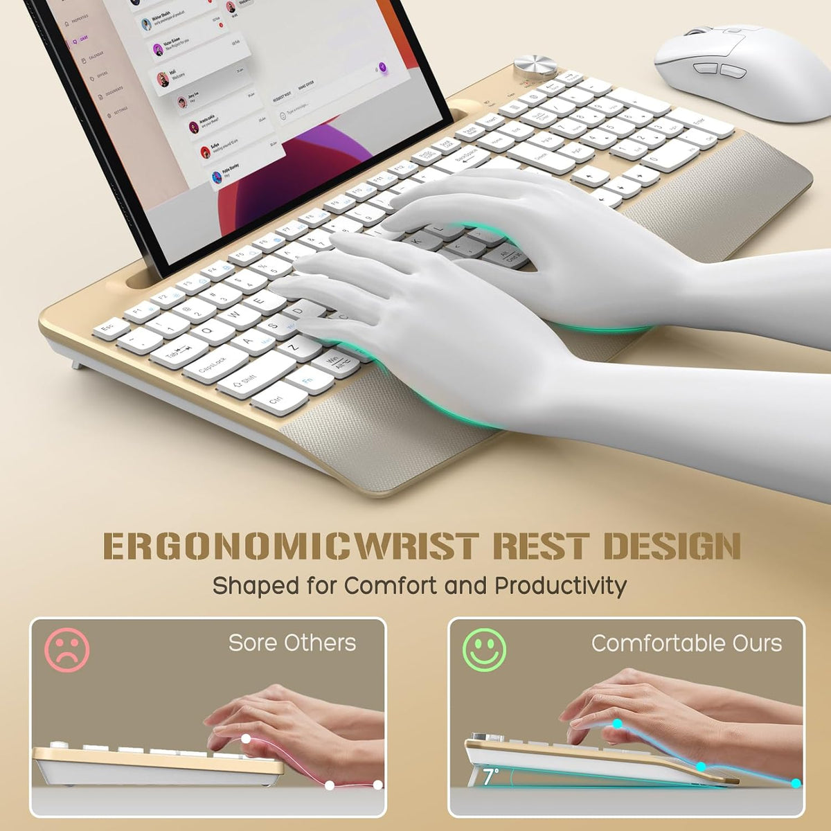 GAMCATZ Ergonomic Wireless Keyboard and Mouse with Wrist Rest,Phone Holder - ...