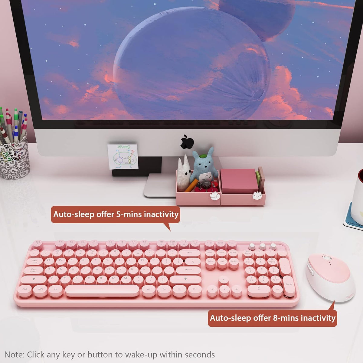 Kootop Wireless Keyboard Mouse, Cute 104 Keys Typewriter Pink White