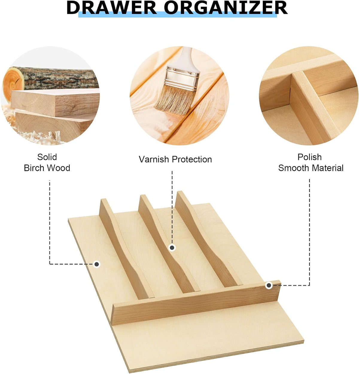 WelFurGeer Solid Birch Wood Silverware Drawer Organizer, Wooden Cutlery Drawe...