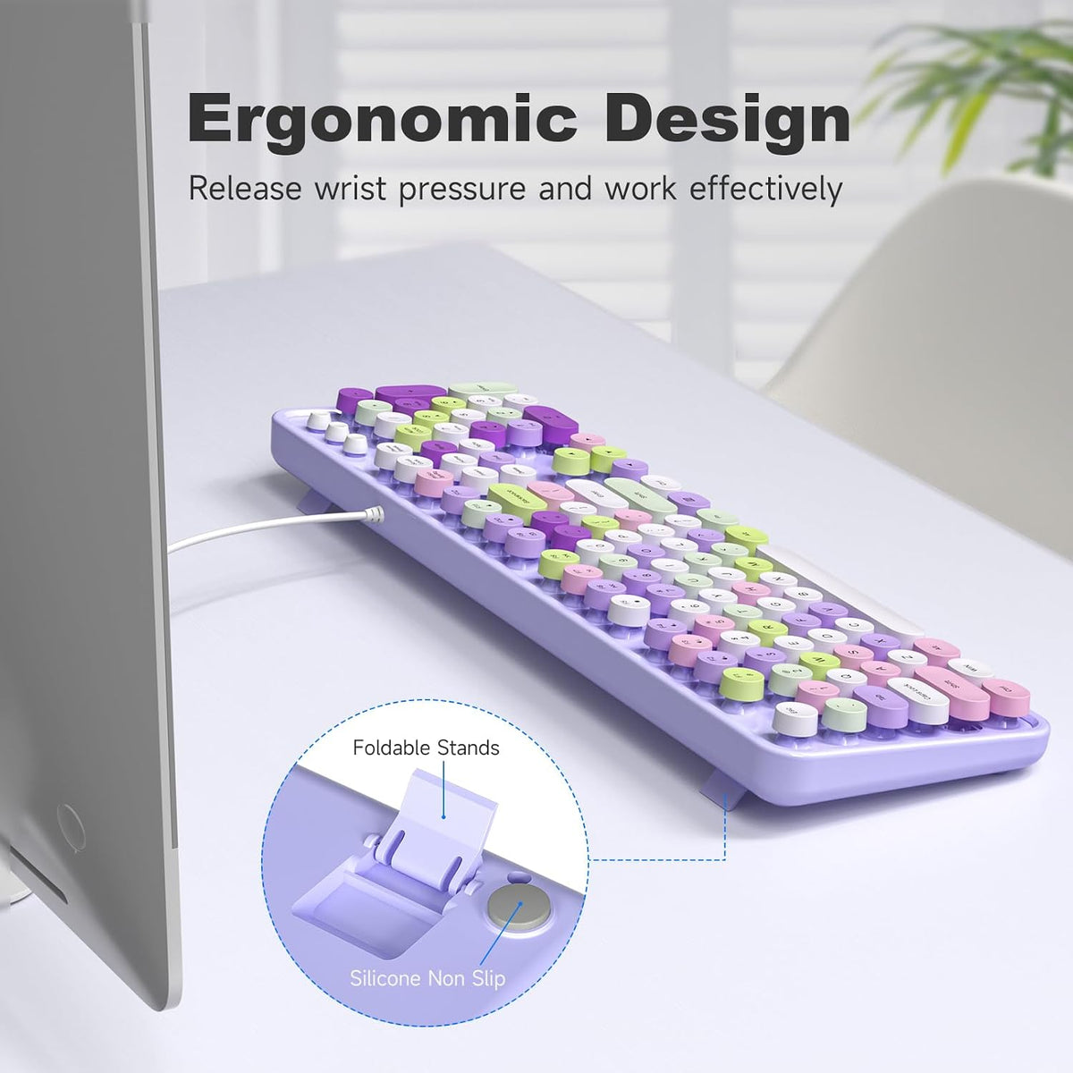 KNOWSQT Wired Computer Keyboard - Purple Colorful Retro Full Size Round Keyca...